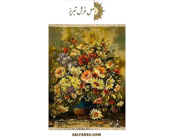 تابلو فرش دستباف گل گلدان آبی