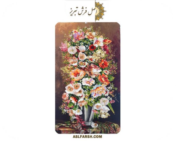 تابلو فرش دستباف گل گلدان طوسی