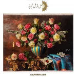 تابلو فرش دستباف گل گلدان رز