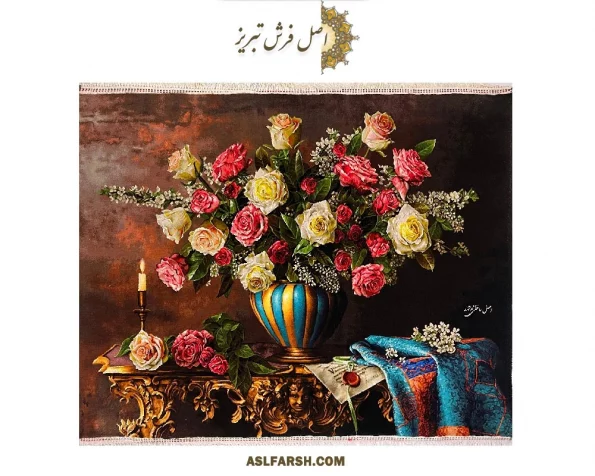 تابلو فرش دستباف گل گلدان رز