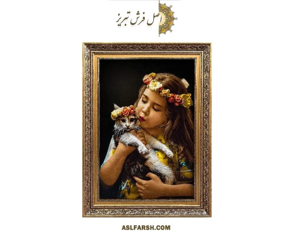 تابلو فرش دستباف دختر گربه